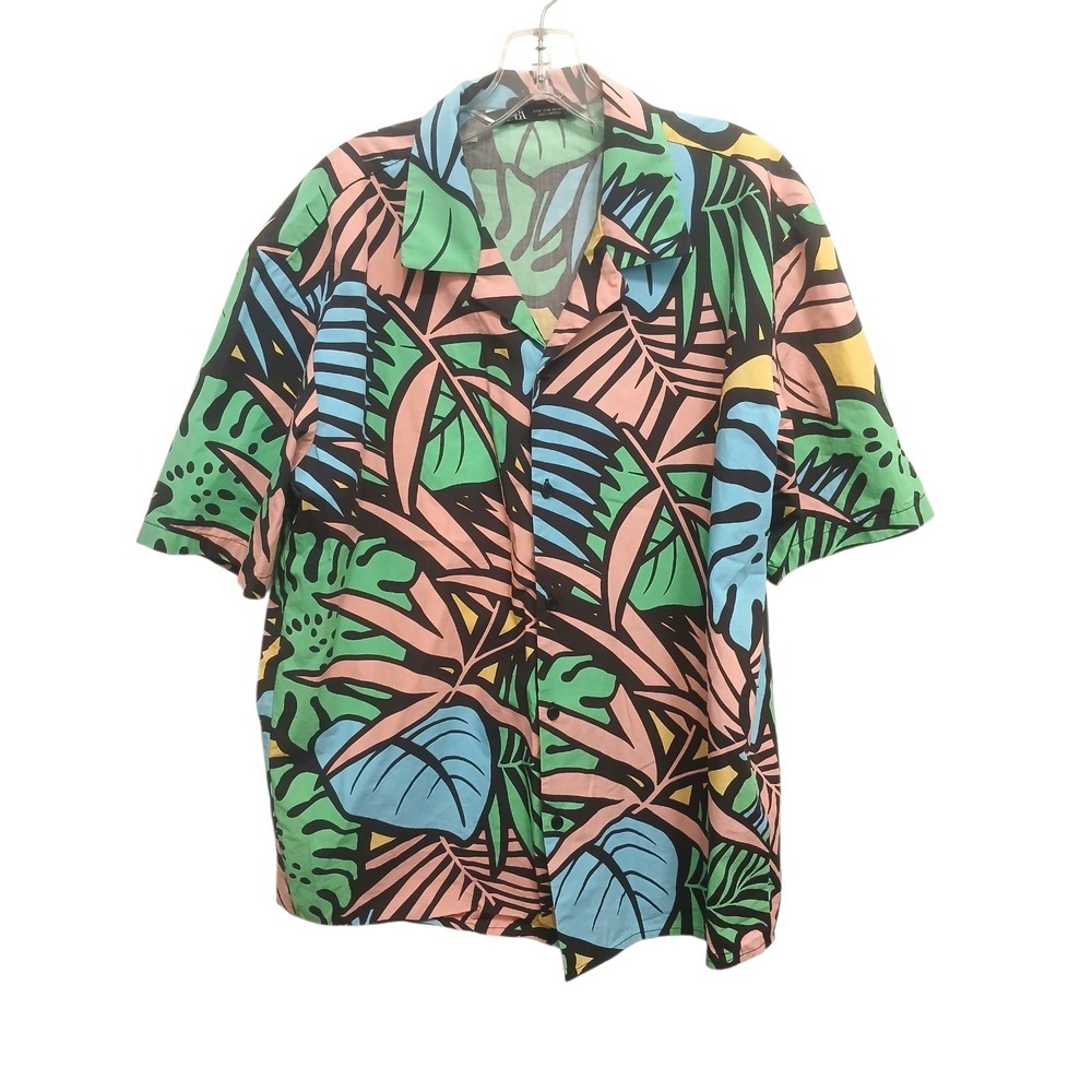 ZARA Tropical Shirt M Colorful Palm Floral Short Sleeve Button Down Party Luau